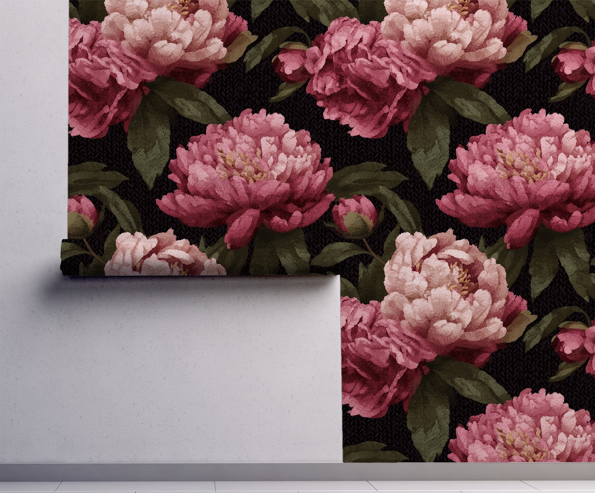 Floral wallpaper with pink flowers and green leaves on a black background