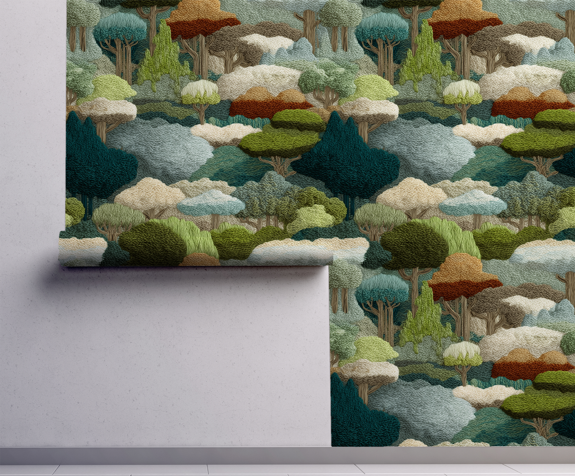 Whimsical woodland wallpaper with layered green forest trees in a tapestry style landscape on wall