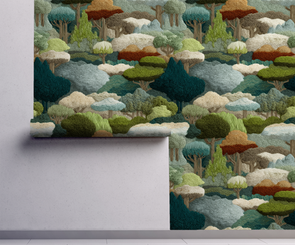 Whimsical woodland wallpaper with layered green forest trees in a tapestry style landscape on wall