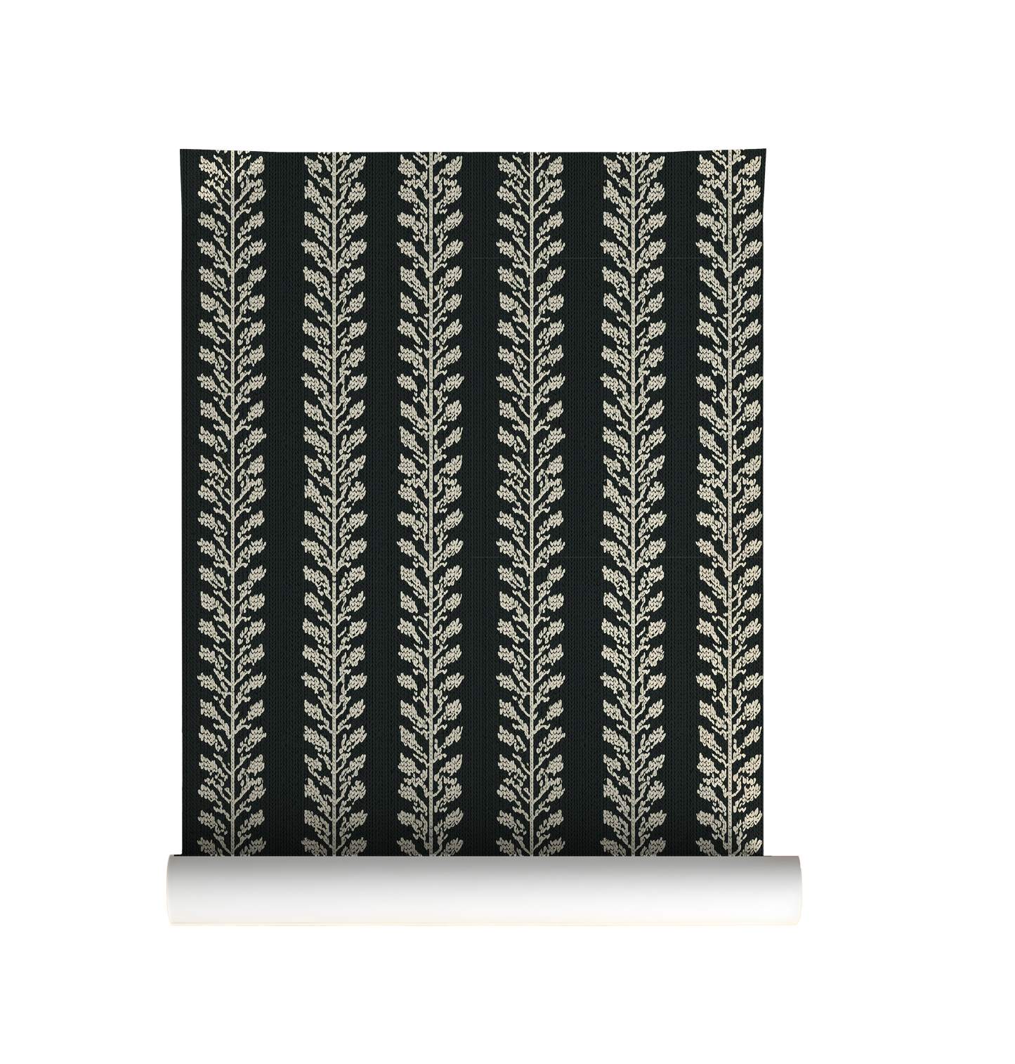 Dark botanical vine wallpaper with repeating cream leaf vines on a deep green background On roll