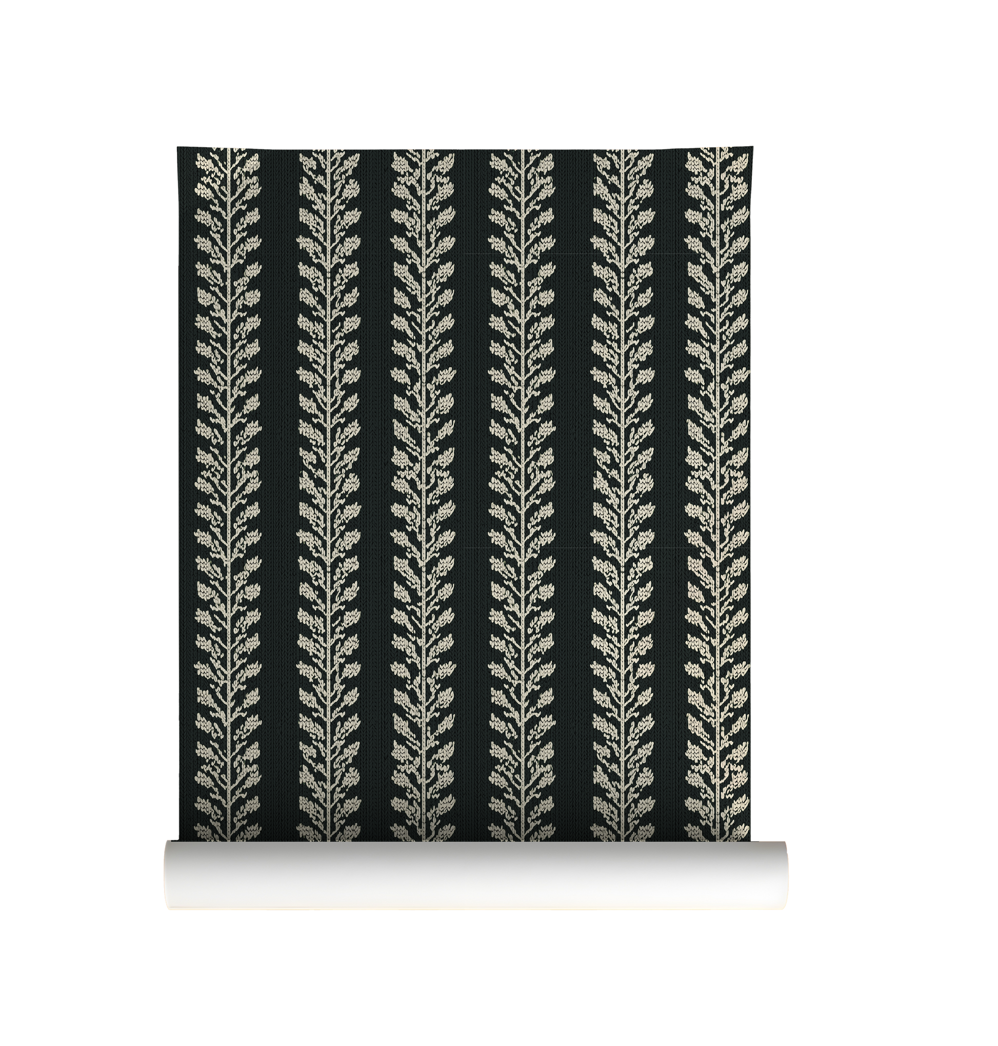 Dark botanical vine wallpaper with repeating cream leaf vines on a deep green background On roll