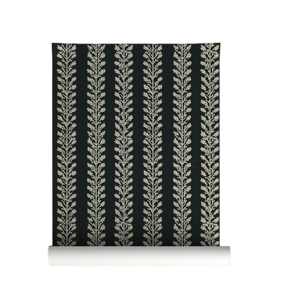 Dark botanical vine wallpaper with repeating cream leaf vines on a deep green background On roll