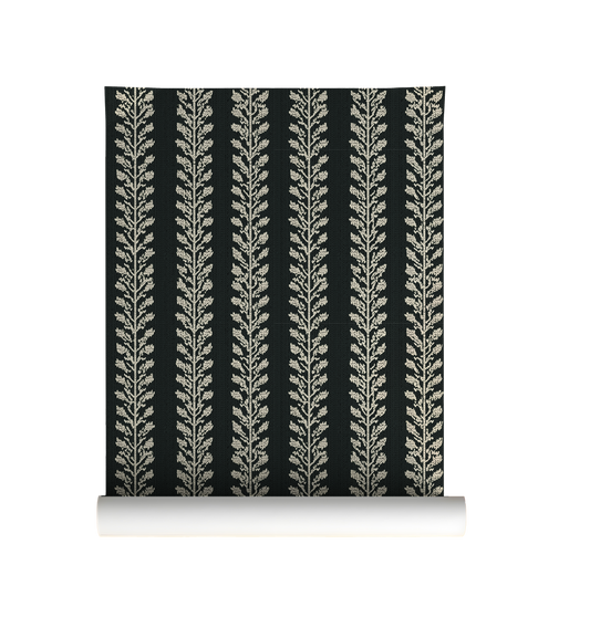Dark botanical vine wallpaper with repeating cream leaf vines on a deep green background On roll