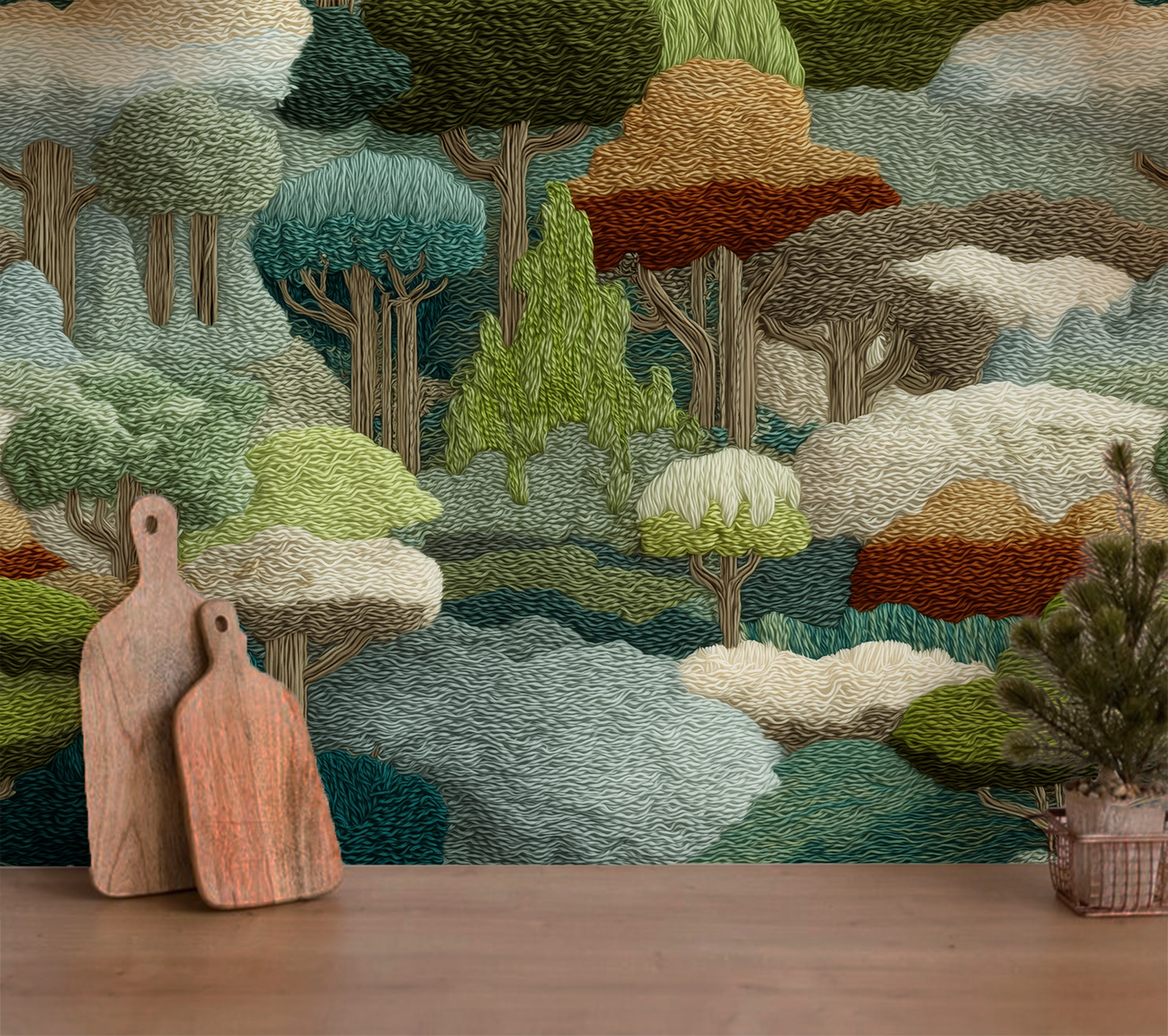 Whimsical woodland wallpaper with layered green forest trees in a tapestry style landscape.