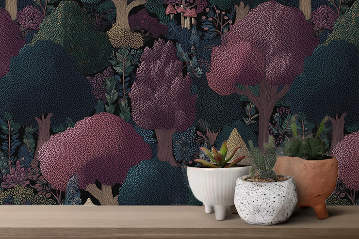 dark cottagecore woodland forest wallpaper with trees and mushrooms