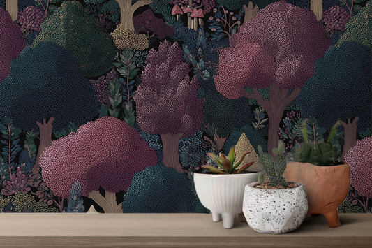 dark cottagecore woodland forest wallpaper with trees and mushrooms