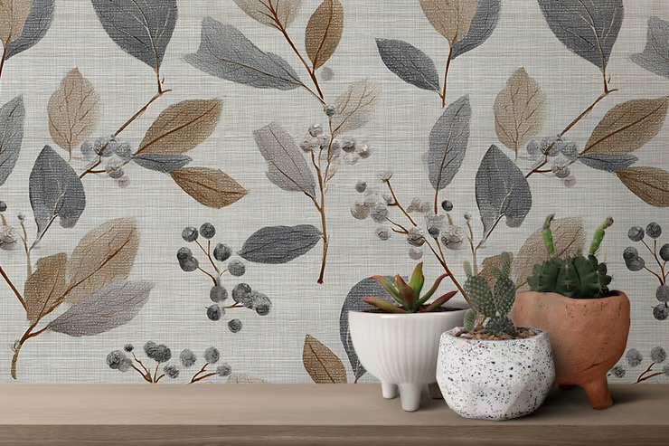 Neutral botanical leaf wallpaper with soft grey and flax colored leaves on a textured linen background On wall