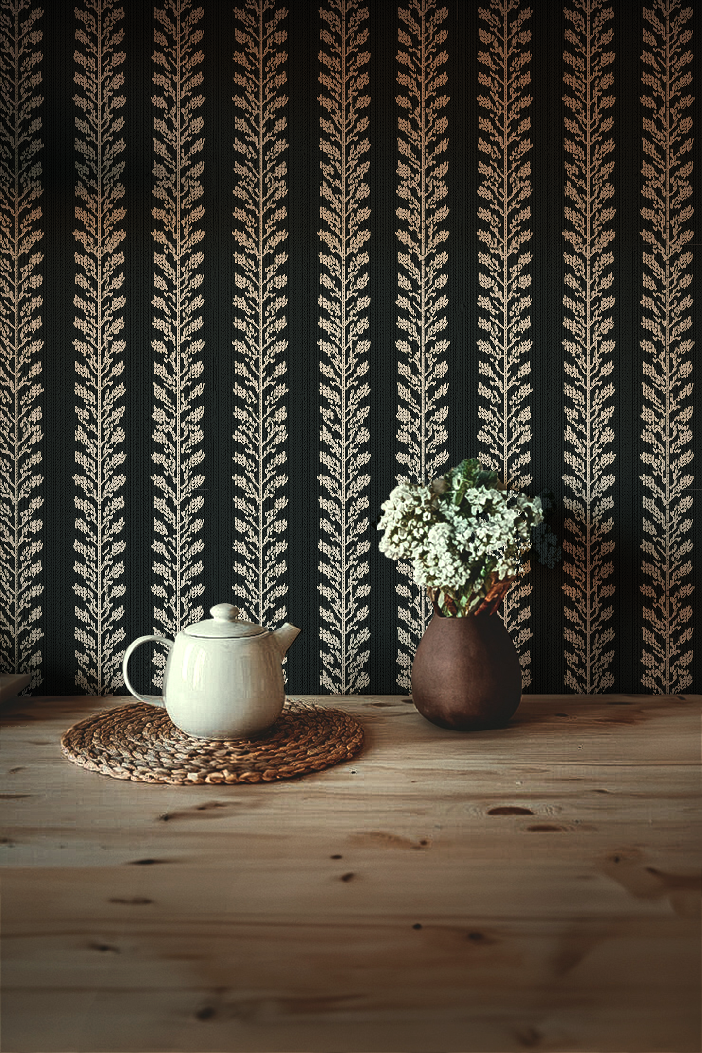 Dark botanical vine wallpaper with repeating cream leaf vines on a deep green background In room