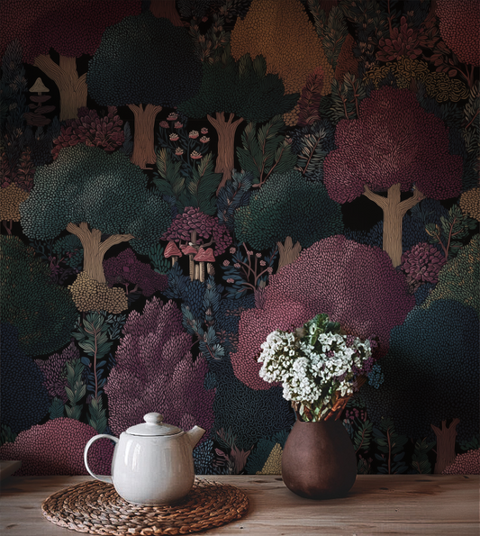dark cottagecore woodland forest wallpaper with trees and mushrooms