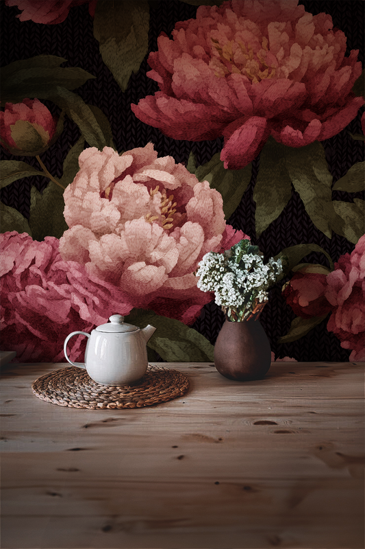 wallpaper with pink flowers and green .eaves on dark background