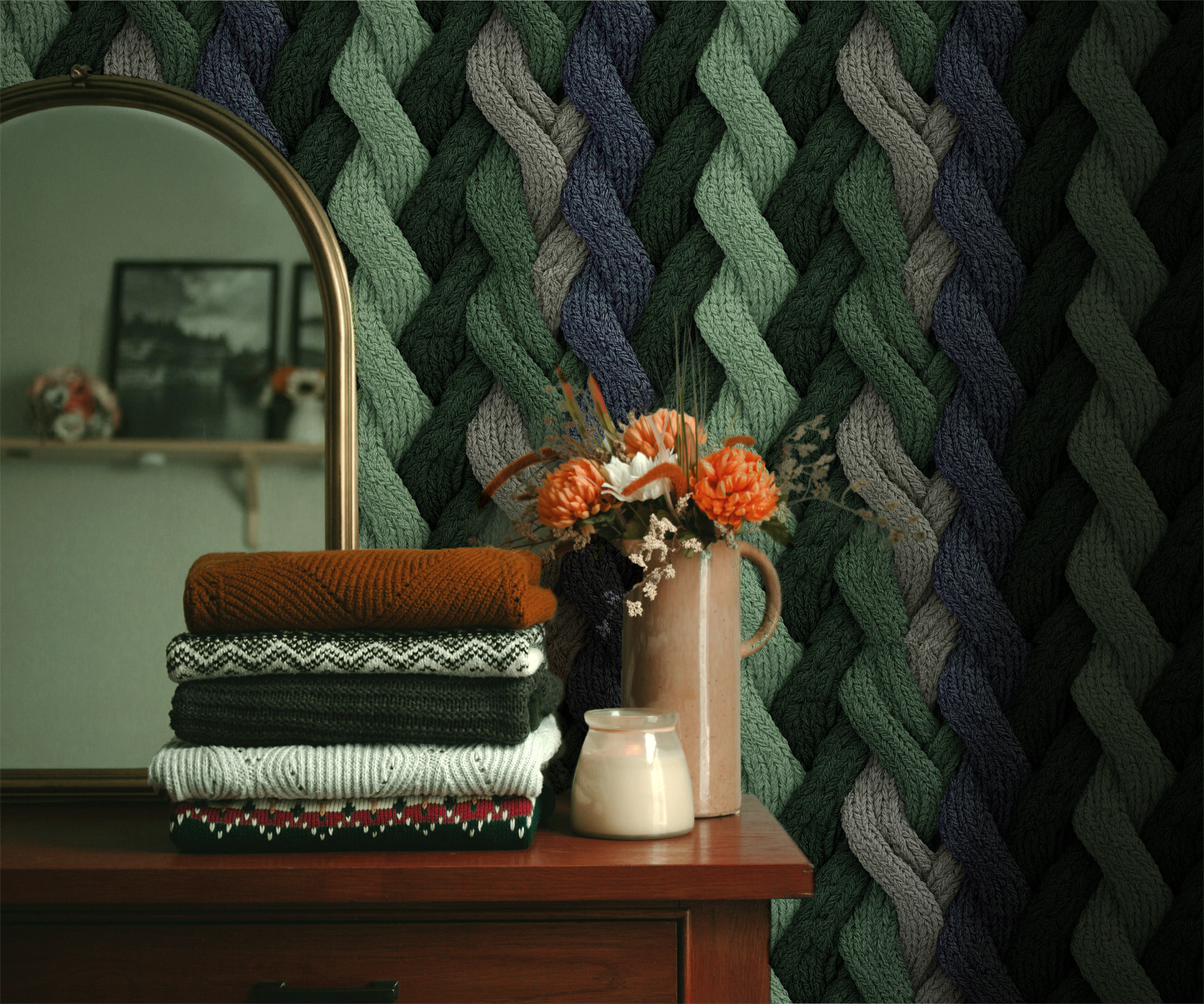 Evergreen cable knit wallpaper with braided knit pattern in layered green tones In room
