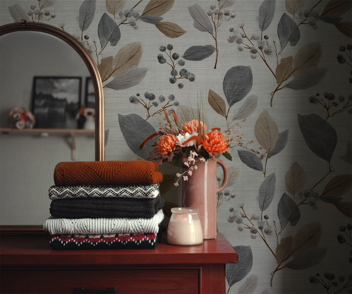 Neutral botanical leaf wallpaper with soft grey and flax colored leaves on a textured linen background In room 
