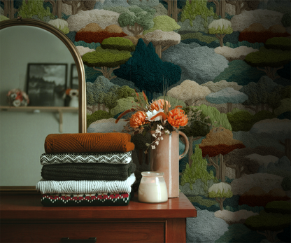 Whimsical woodland wallpaper with layered green forest trees in a tapestry style landscape in room