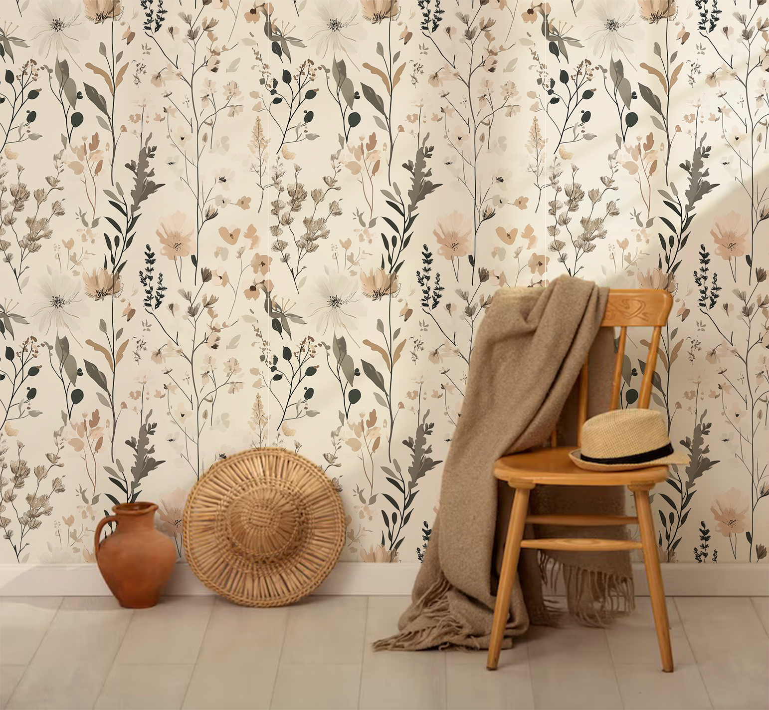 Neutral botanical floral peel and stick wallpaper