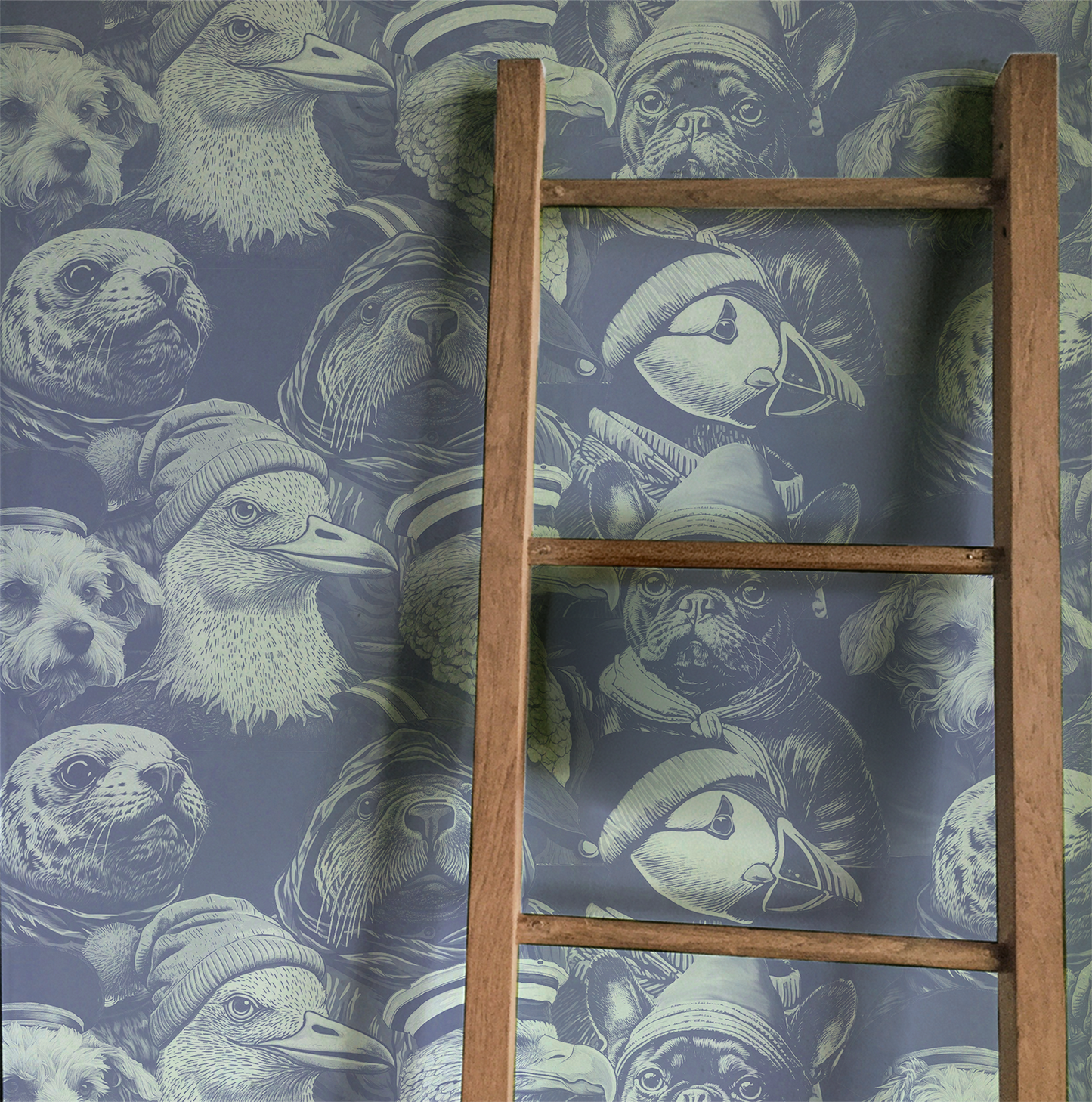 Blue peel-and-stick wallpaper sample featuring detailed illustrated animal portraits, including puffins, eagles, pugs, ducks, and sea otters wearing knit hats and sailor caps in a whimsical nautical style displayed