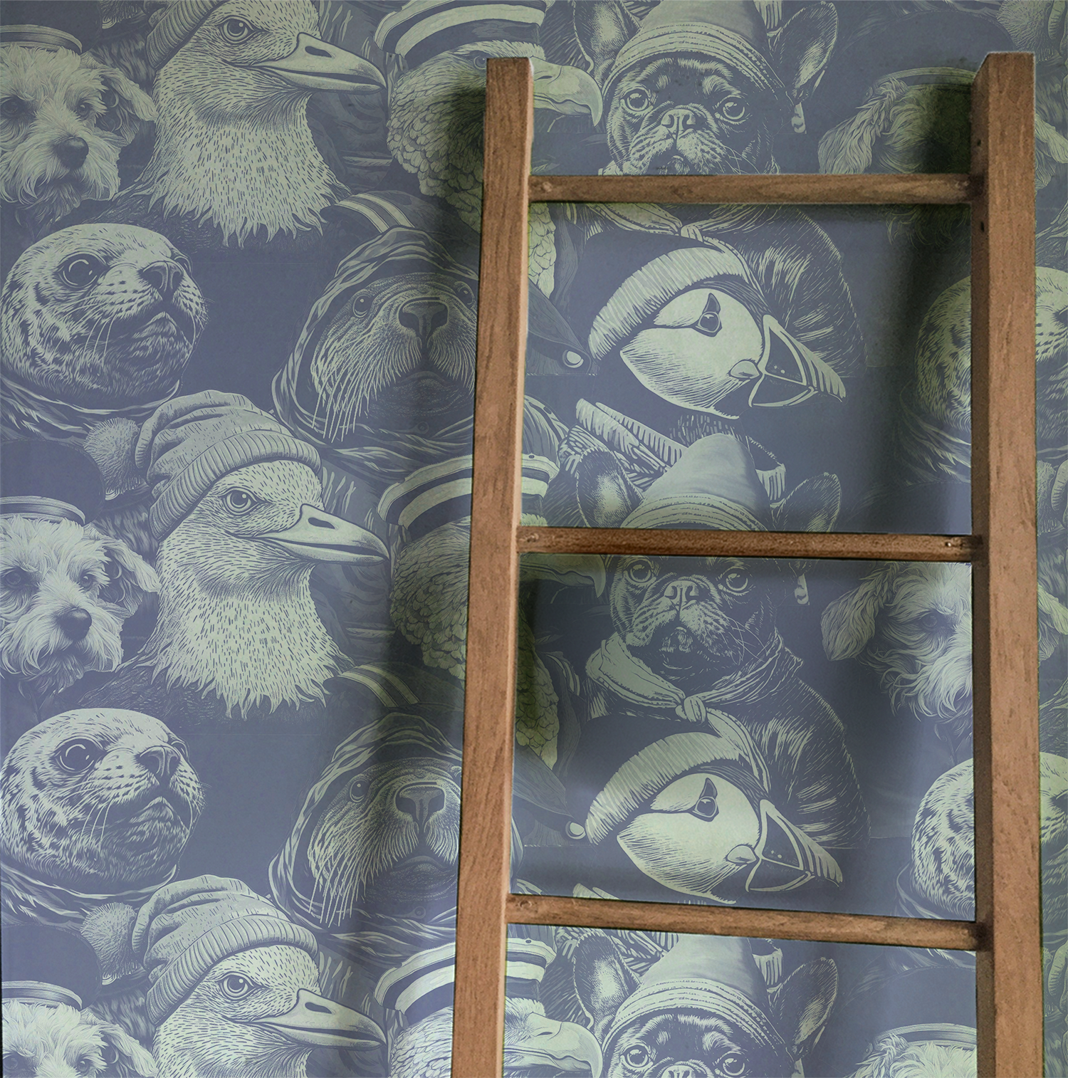 Blue peel-and-stick wallpaper sample featuring detailed illustrated animal portraits, including puffins, eagles, pugs, ducks, and sea otters wearing knit hats and sailor caps in a whimsical nautical style displayed