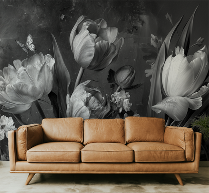 Black and white floral peel and stick wallpaper mural 