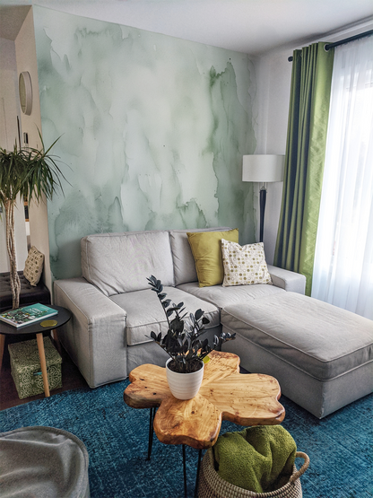 Sage Green Watercolor Wallpaper Mural – Soft Mist Texture