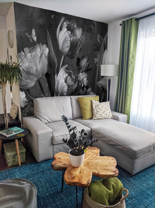 Monochrome Floral Wallpaper – Black & White Tulip Wall Mural