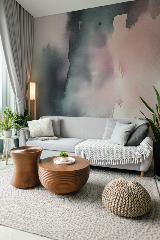 Abstract black and blush watercolor peel and stick wallpaper mural