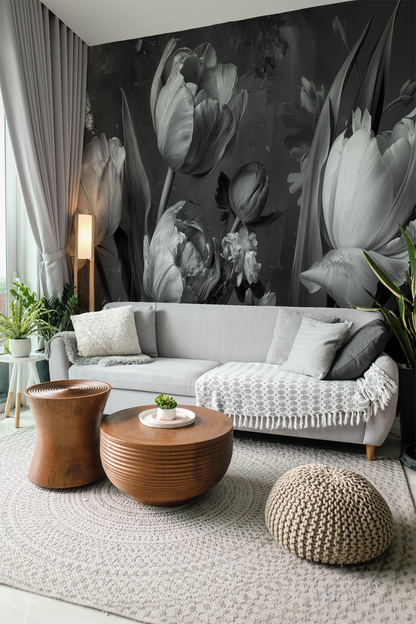 Monochrome Floral Wallpaper – Black & White Tulip Wall Mural