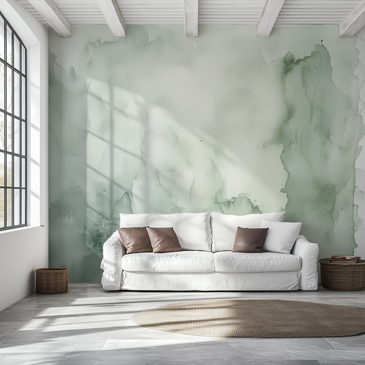 Neutral abstract sage green watercolor peel and stick wallpaper mural