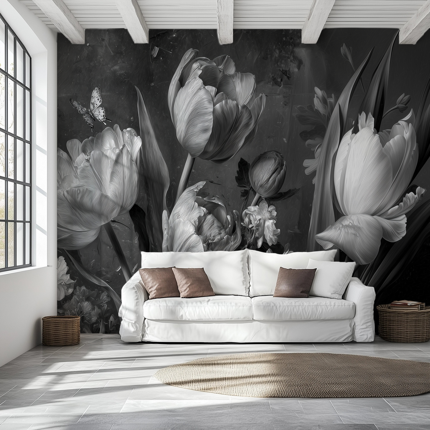 Monochrome Floral Wallpaper – Black & White Tulip Wall Mural