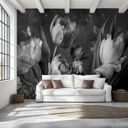 Monochrome Floral Wallpaper – Black & White Tulip Wall Mural