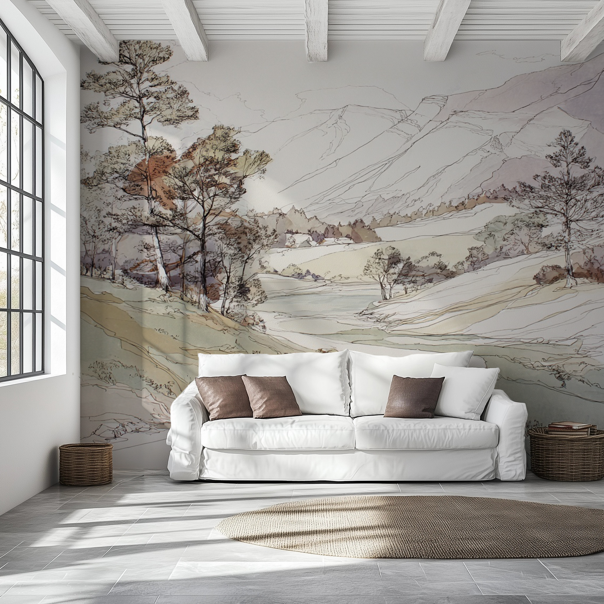 Neutral landscape peel and stick wallpaper mural