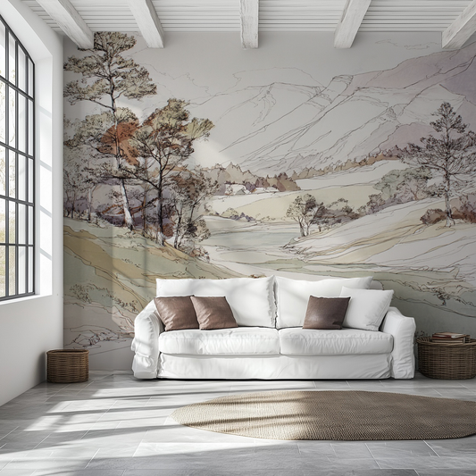 Neutral landscape peel and stick wallpaper mural