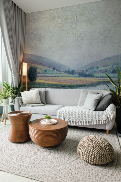 Landscape wallpaper mural peel and stick, vintage countryside wall mural with hills, river, and textured painted sky on wall