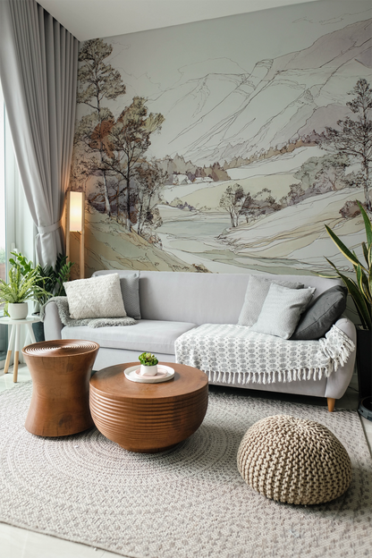 Neutral Landscape Wallpaper Mural – Riverbend Valley