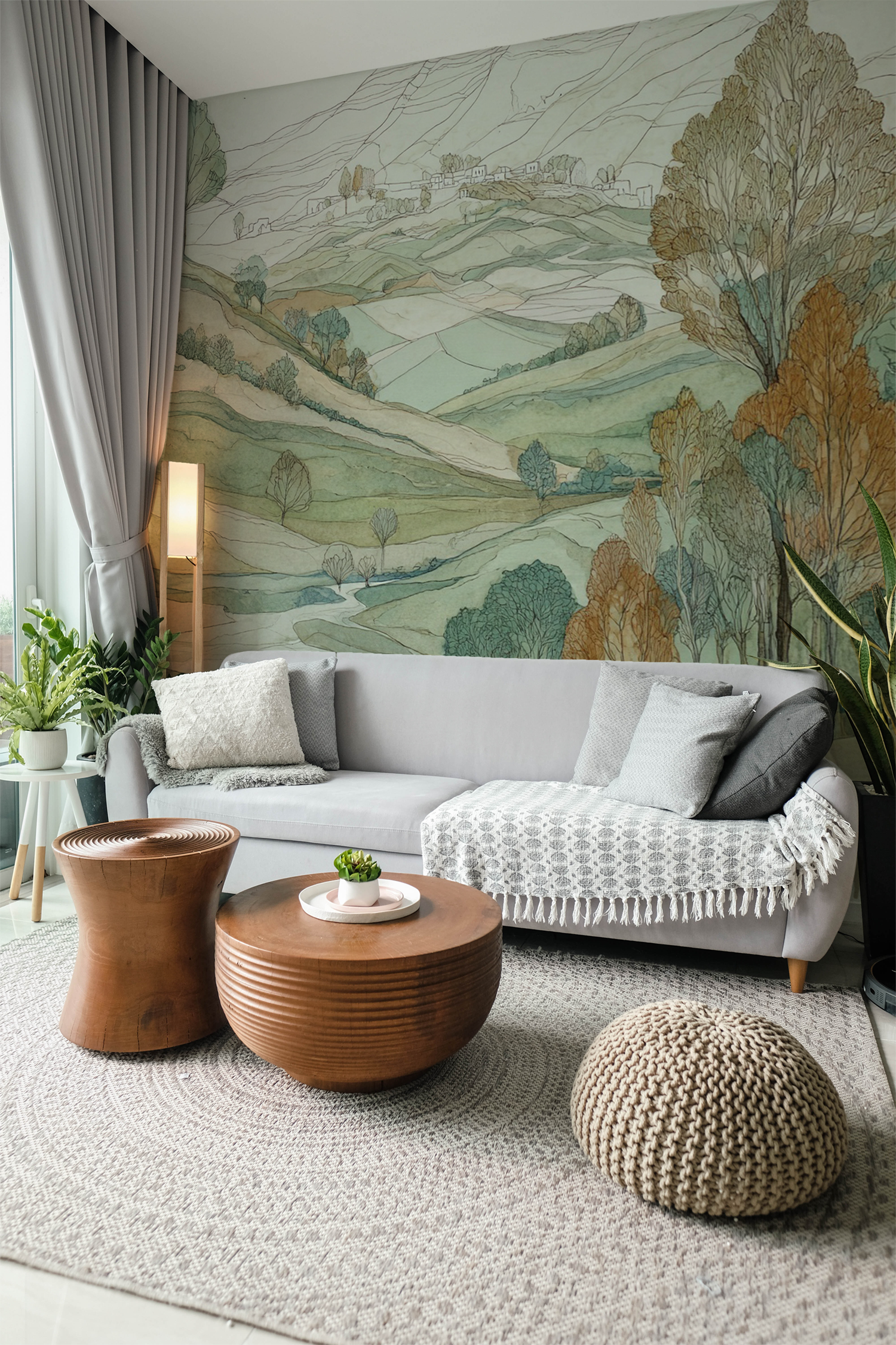 Sage green countryside landscape wall mural with rolling hills in room