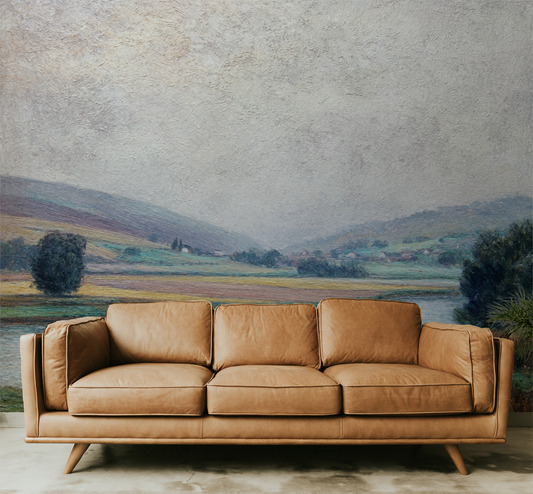 Landscape wallpaper mural peel and stick, vintage countryside wall mural with hills, river, and textured painted sky