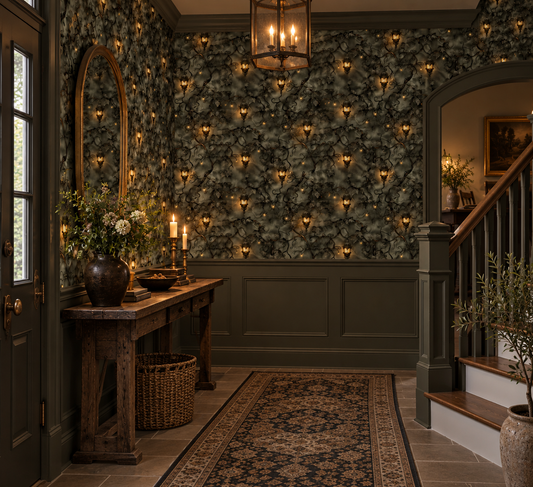 Dark botanical wallpaper with twisting ivy vines, glowing vintage lanterns and warm golden lights on a moody charcoal green background in entryway.
