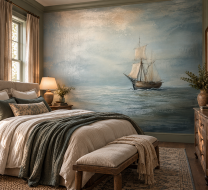 Vintage sailing ship wall mural featuring a weathered wooden ship with ivory sails crossing a misty blue-grey ocean beneath an atmospheric sky in bedroom.
