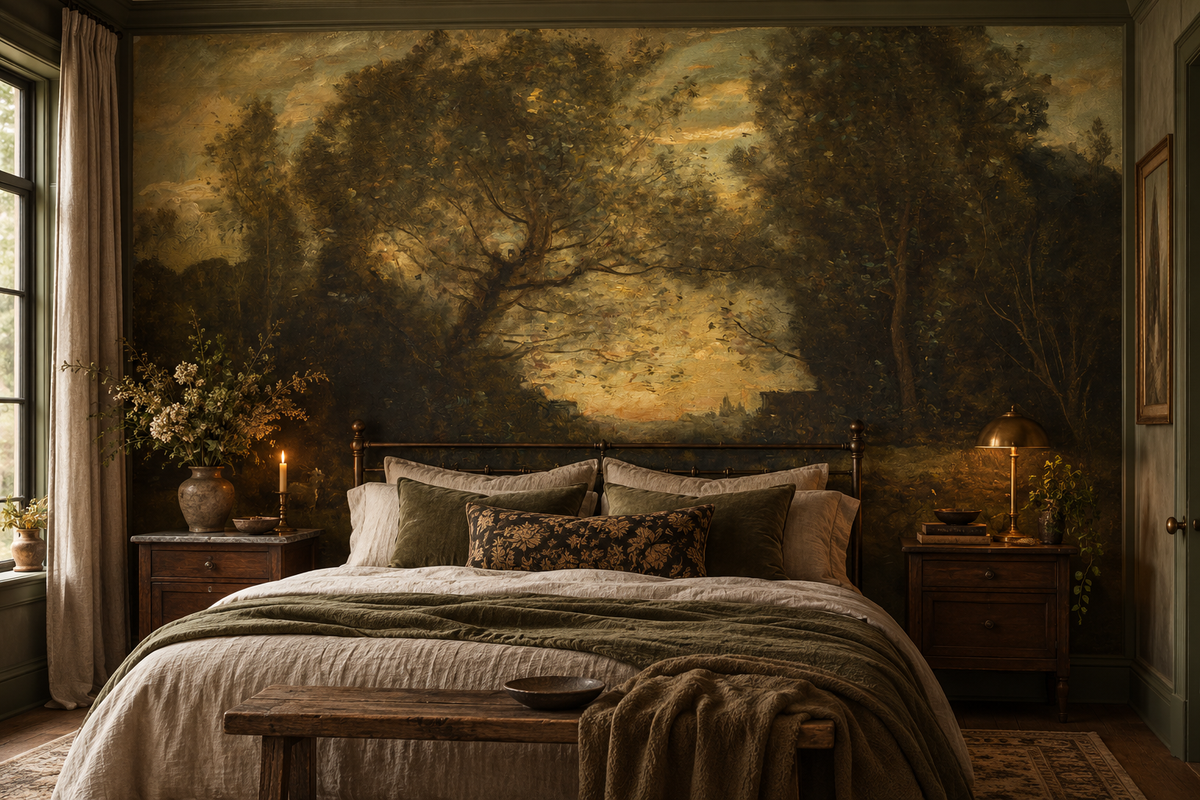 The Last Light moody woodland wall mural featuring vintage landscape artwork, dark olive trees, and a softly glowing golden sky in bedroom.