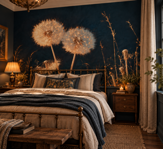 Dark botanical wall mural featuring oversized ivory and golden dandelion seed heads, delicate wild grasses and painterly textures against a deep midnight-blue background in bedroom.