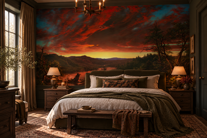Dramatic vintage sunset landscape mural featuring crimson clouds, turquoise skies, a glowing river and dark woodland in bedroom