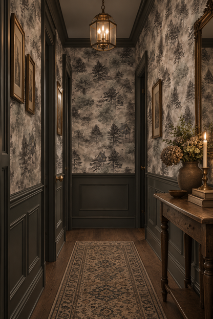 Baba Yaga woodland wallpaper featuring a cottage on chicken legs hidden among misty sage green and grey forest trees in hallway