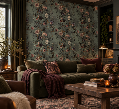 Vintage floral wallpaper with soft pink, cream and purple flowers, dark trailing branches and muted foliage on a dusty teal background n living room.