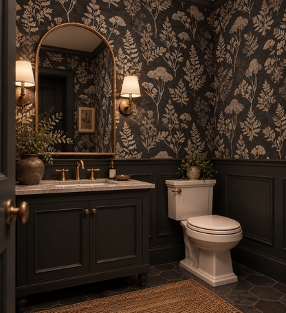Dark floral wallpaper featuring vintage wildflowers, botanical foliage, and warm autumn tones on a black background, creating a moody cottagecore powder room in bathroom