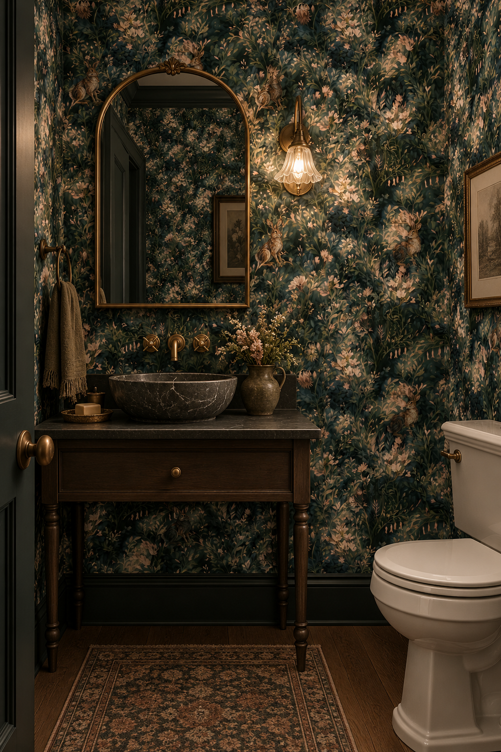 Dark green woodland wallpaper featuring antlered jackalopes surrounded by blush flowers and lush botanical foliage in bathroom