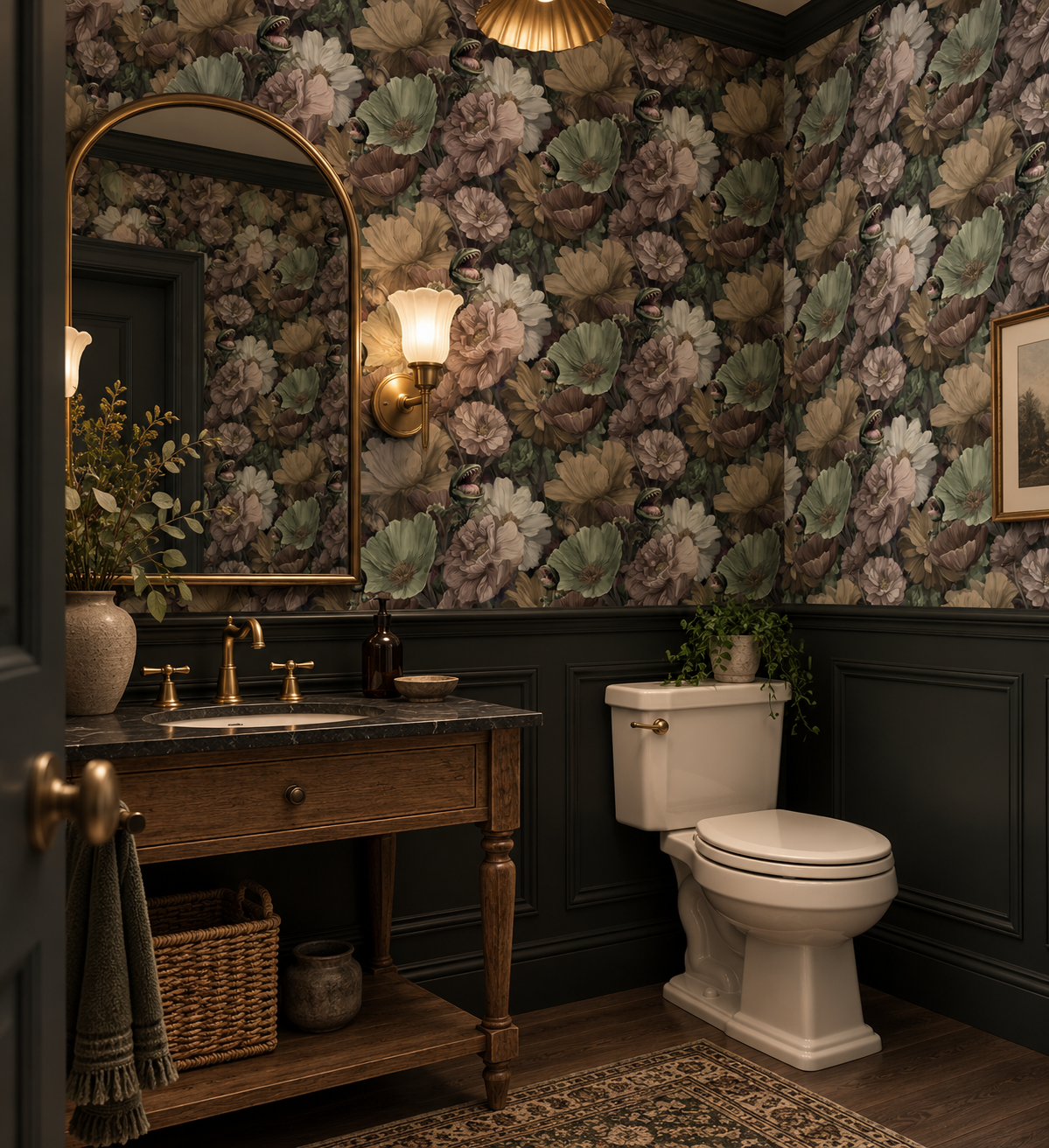 Dark botanical floral wallpaper featuring oversized vintage-style blooms in muted sage green, dusty mauve, ivory, taupe and beige, with hidden Venus flytraps among dense foliage on a deep charcoal background in bathroom