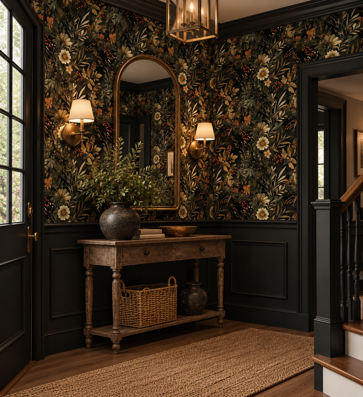 Dark floral wallpaper featuring vintage wildflowers, botanical foliage, and warm autumn tones on a black background, creating a moody cottagecore entryway