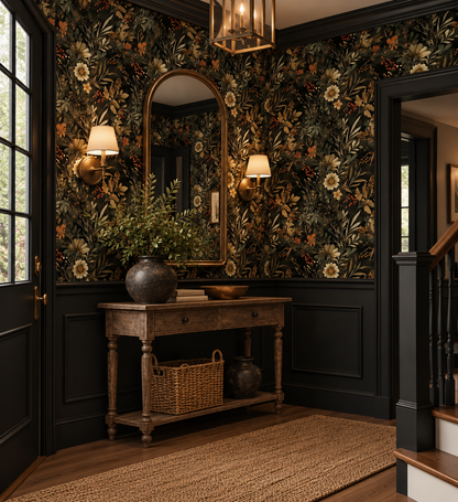 Dark floral wallpaper featuring vintage wildflowers, botanical foliage, and warm autumn tones on a black background, creating a moody cottagecore entryway