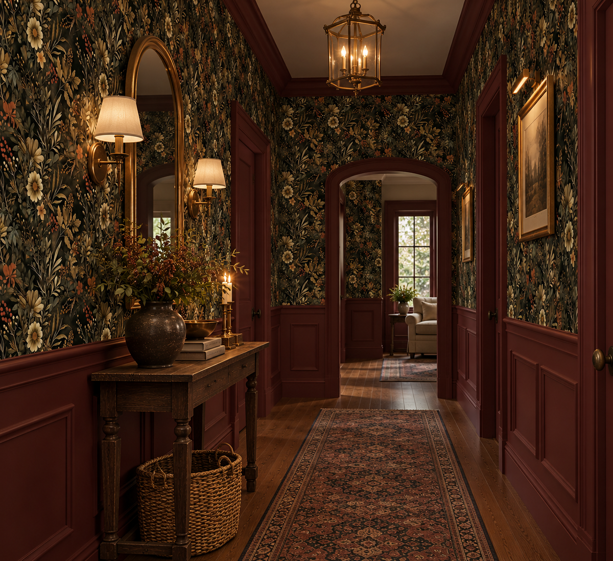Dark floral wallpaper featuring vintage wildflowers, botanical foliage, and warm autumn tones on a black background, creating a moody cottagecore hallway