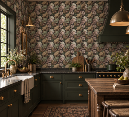 Dark botanical floral wallpaper featuring oversized vintage-style blooms in muted sage green, dusty mauve, ivory, taupe and beige, with hidden Venus flytraps among dense foliage on a deep charcoal background in kitchen
