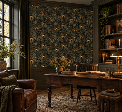 Dark botanical wallpaper with twisting ivy vines, glowing vintage lanterns and warm golden lights on a moody charcoal green background in office.