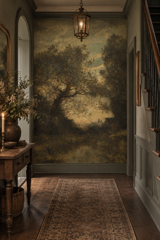 The Last Light moody woodland wall mural featuring vintage landscape artwork, dark olive trees, and a softly glowing golden sky in hallway.
